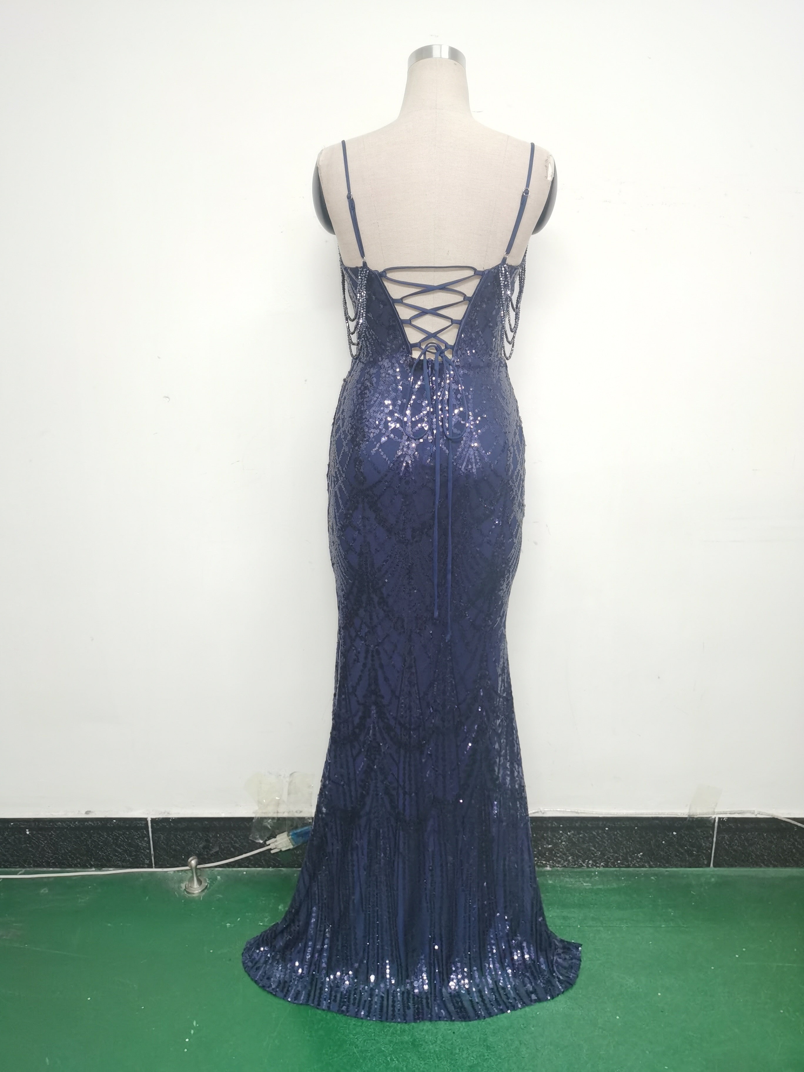 Women beaded sequin fishbone Lace-Up See-Through evening dress 33