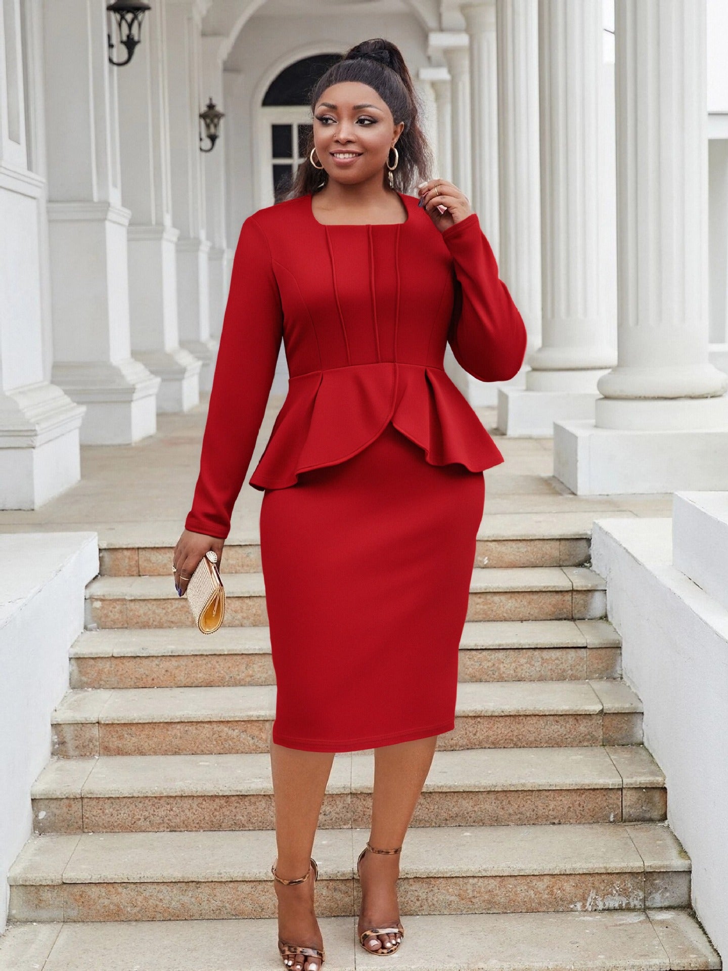 Plus Size Women deep U-neck long sleeve ruffled bodycon dress 4