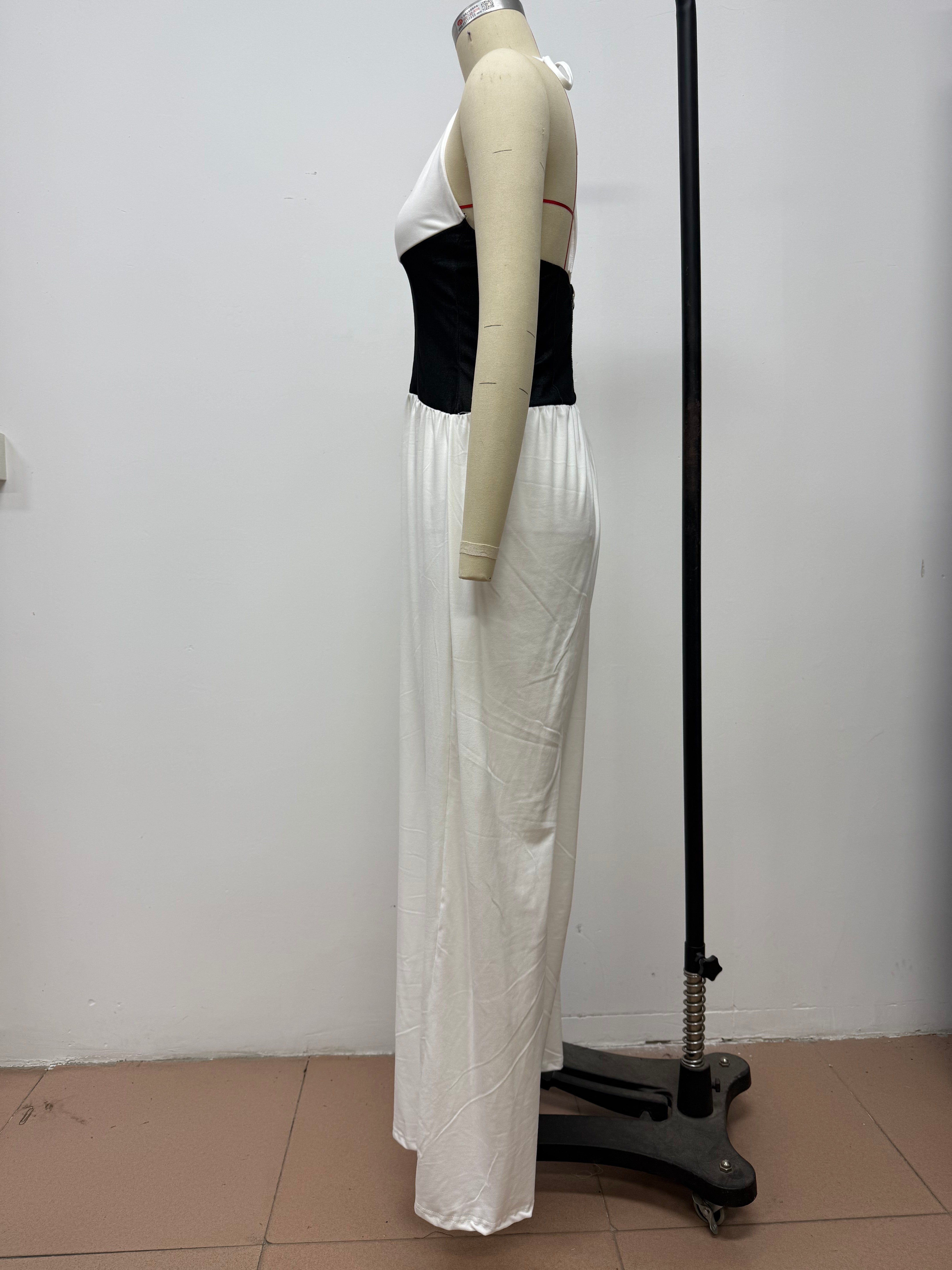Women Halter Neck Sleeveless Patchwork Wide-leg Jumpsuits 8