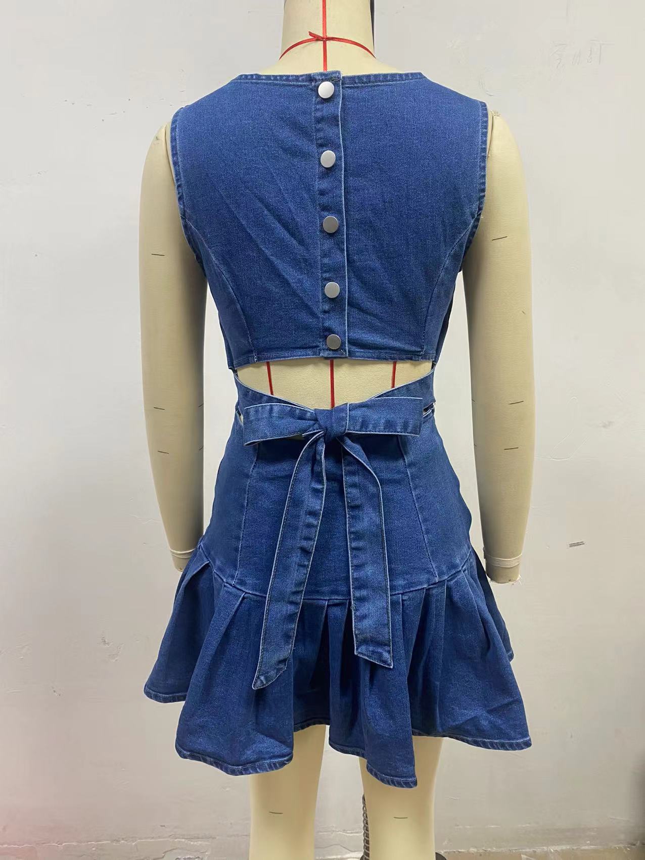 Women Sexy Sleeveless Pleated Denim Dress 6