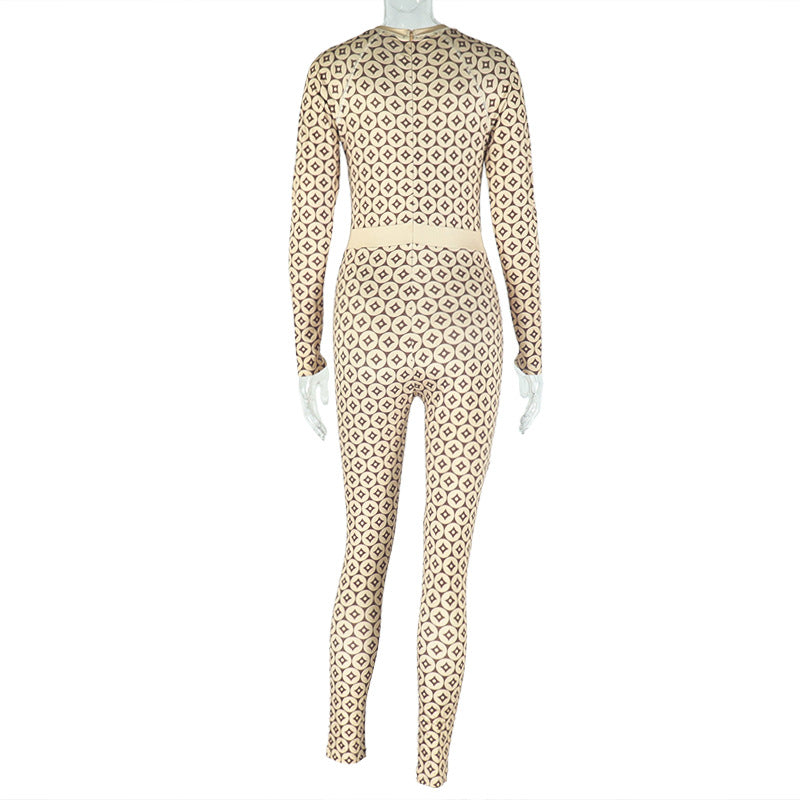 Women Casual Printed Round Neck Long Sleeve Jumpsuit 7