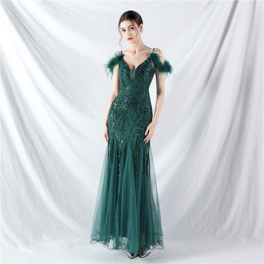 Strap Off Shoulder Long Sequins Elegant Formal Party Evening Dress 9