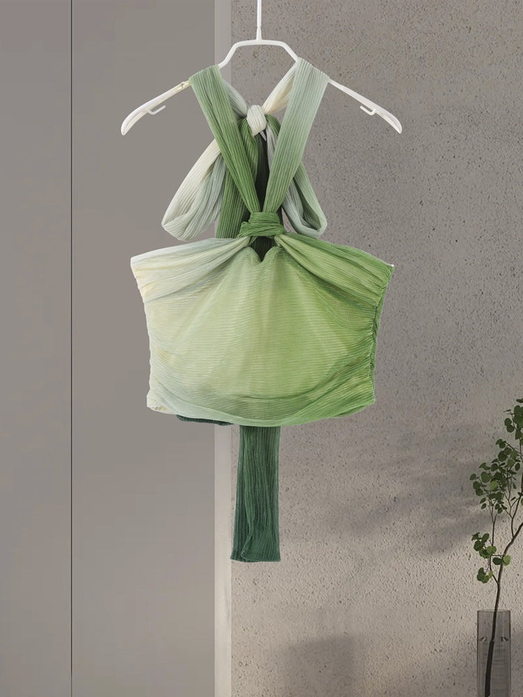 Women Summer Gradient Halter Neck Suspender Top and Skirt Two-Piece Set 5