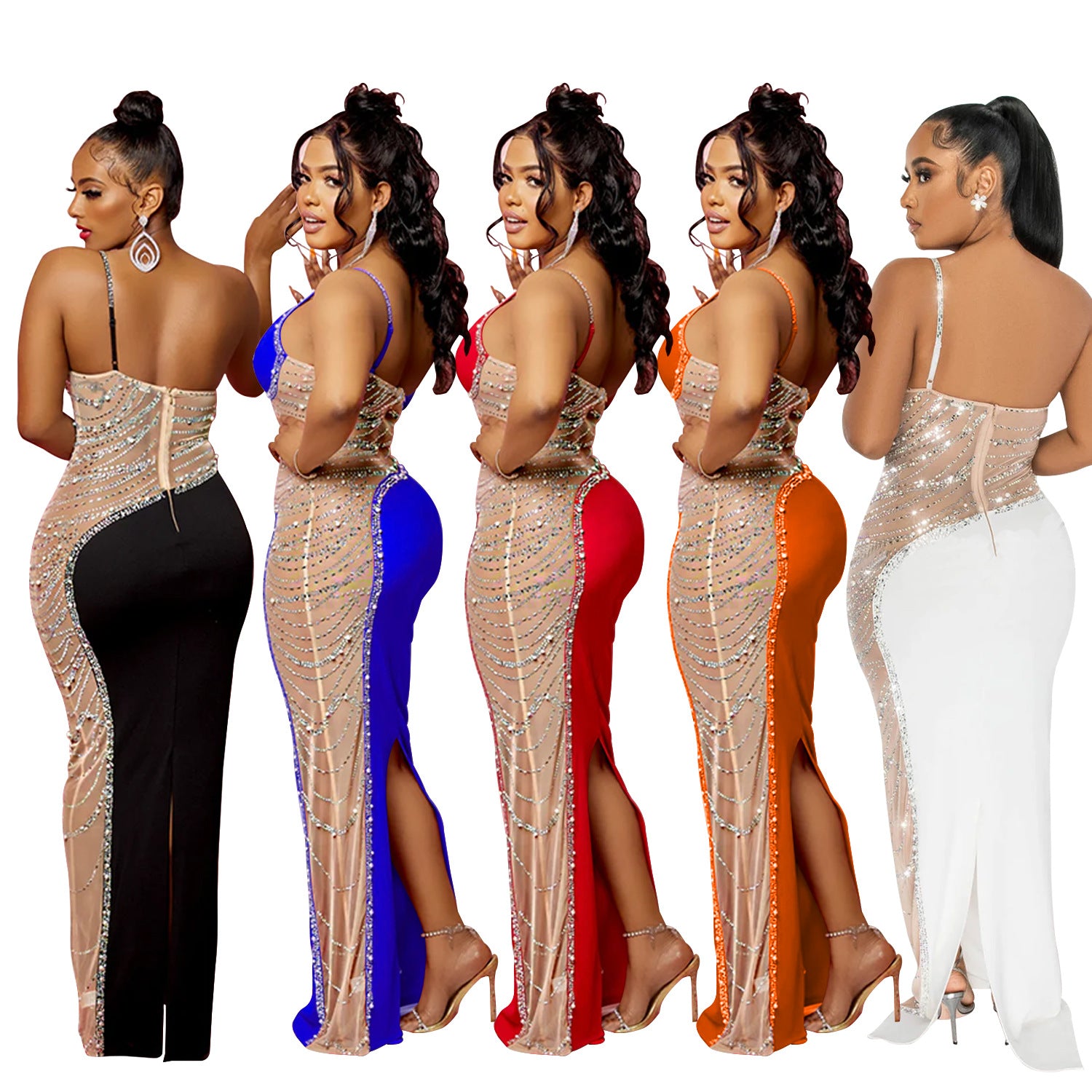 Fashion Women's Solid Color Beaded Sleeveless Strap Long Dress 10