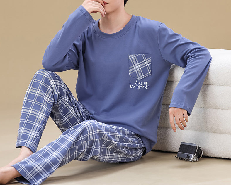 Men's Cotton Pajama Set Long Sleeve Top and Pants Comfortable Sleepwear Casual Home Lounge Wear for Spring and Fall 4