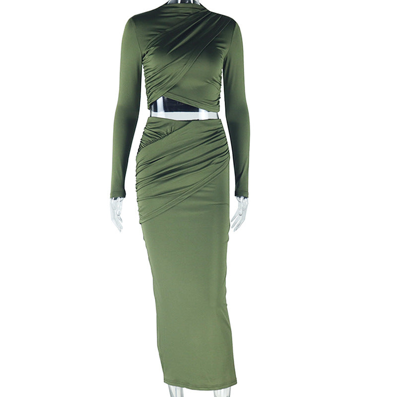 Solid Color Round Neck Irregular Long Sleeve Crop Top Slim Long Skirt Two Piece Set 14