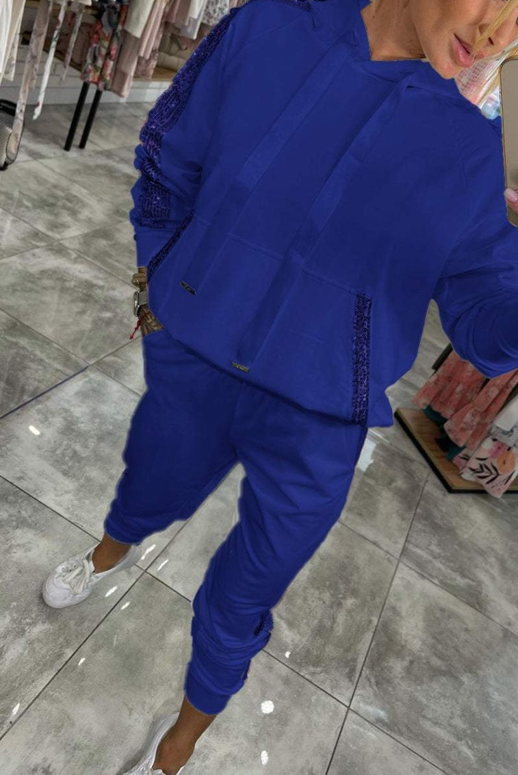 Women Casual Solid Patchwork Sequin Hoodies and Pant Two Piece Set 5