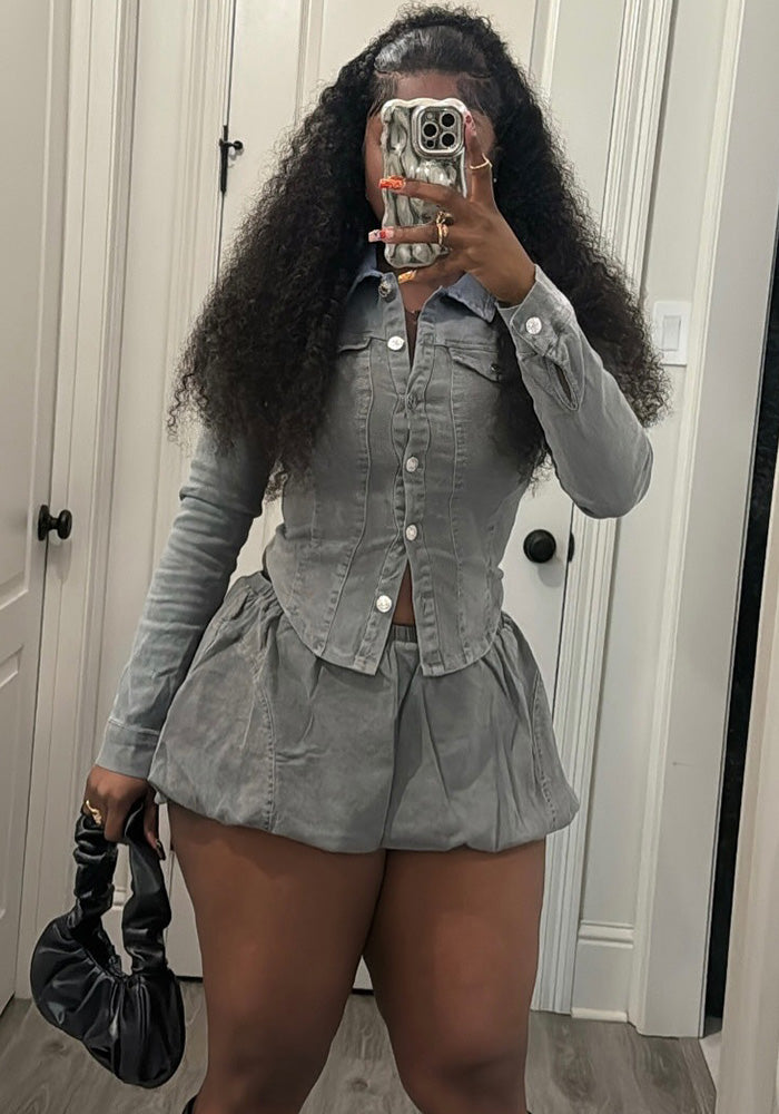 Slim Shirt Stretch Denim Skirt Women's Two Piece Set