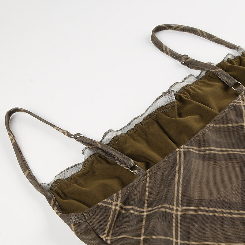 Plaid Mesh Patchwork  Strap Mini Dress 15