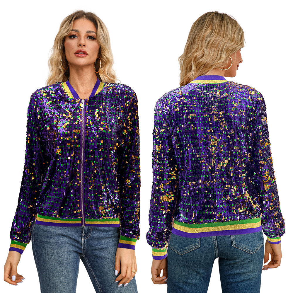 Women Long Sleeve Sequined Fashion Trendy Baseball Jacket 3