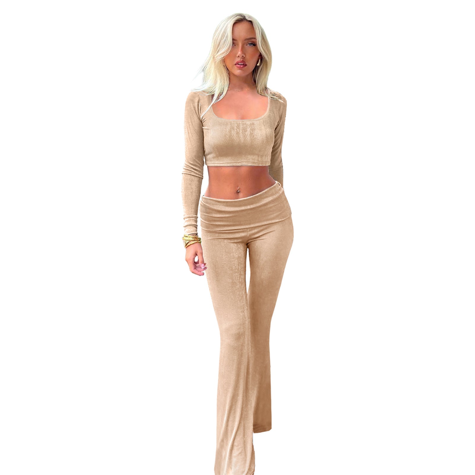 Women's Fashion Solid Color Square Neck Top Low-Waist Bell Bottom Pants Set 11