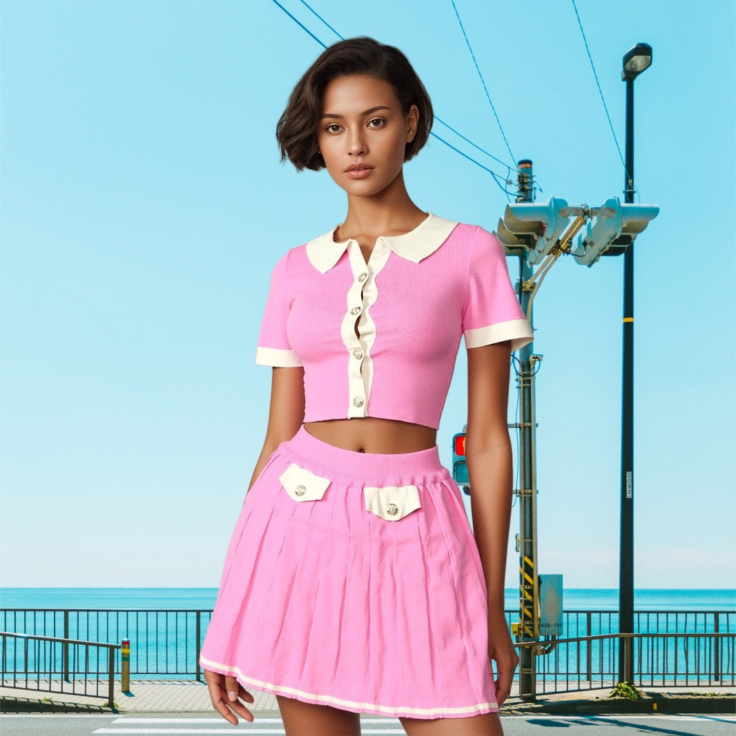 Fashion Turndown Collar Metal Button Cardigan & Pleated Skirt Knit Set 3