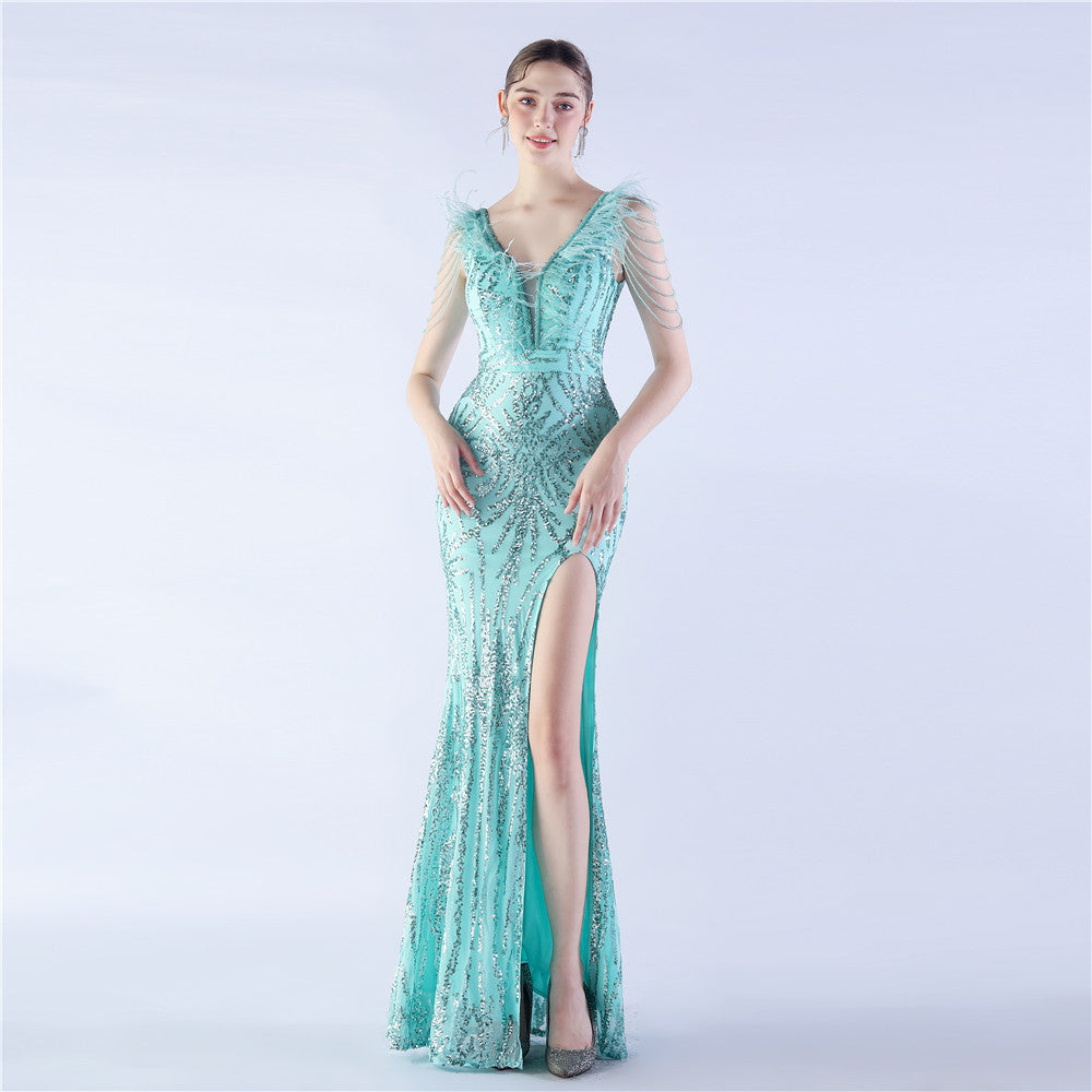 Elegant Feather And Beaded Long Sequined Evening Dress 22
