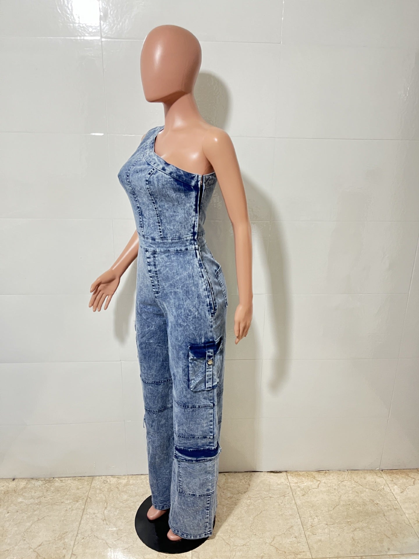 Women slash shoulder stretchy washed denim jumpsuit 7