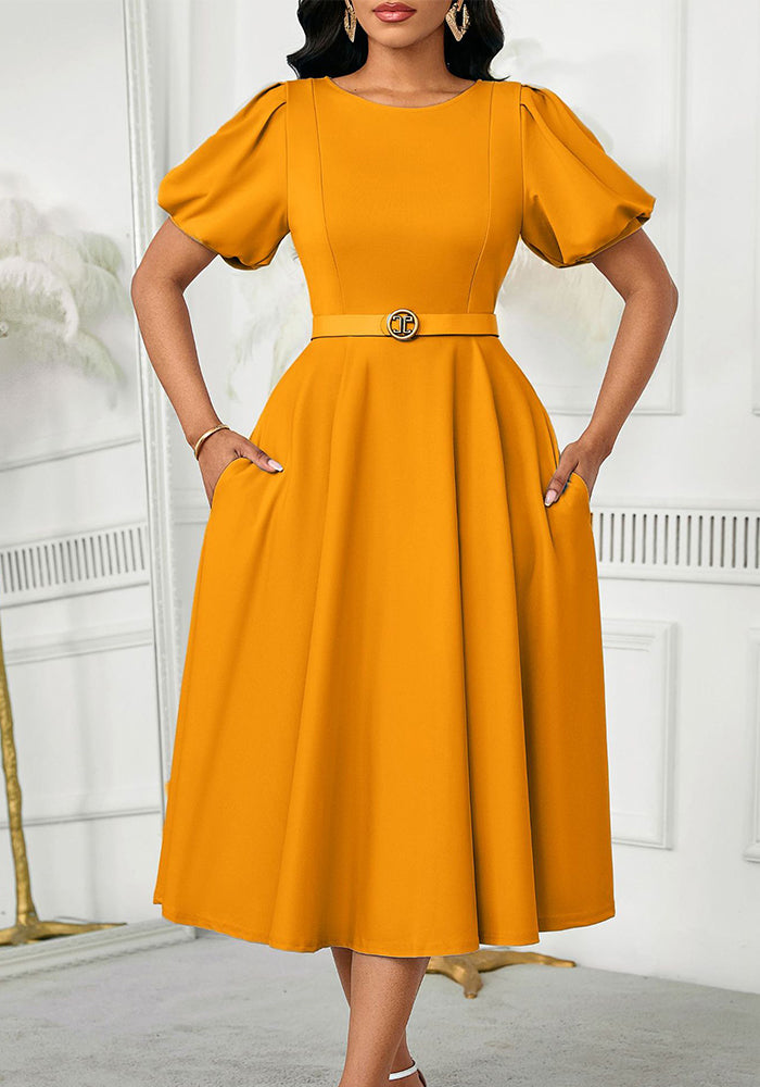 Women's Summer Trendy Puff-Sleeve Elegant High-Waist Solid Round Neck A-line African Dress