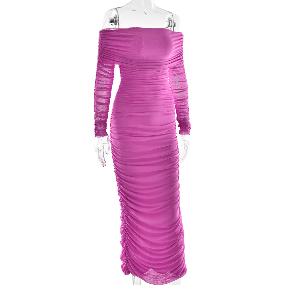 Women Autumn Bodycon Sexy Mesh Off Shoulder Gathered Dress 22
