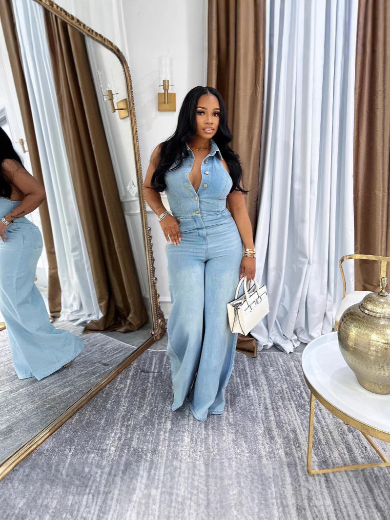 Women's Sexy Open Back Halter Neck Long Denim Jumpsuit 4