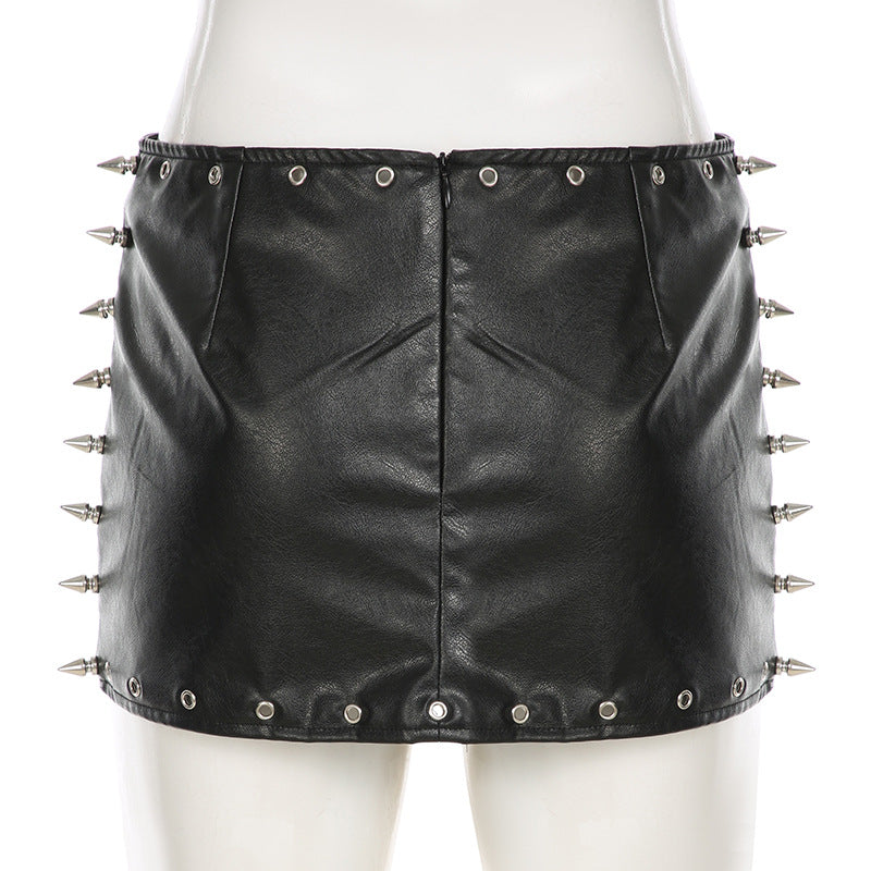 Women's clothing rivet punk sexy  pu Leather mini skirt 8
