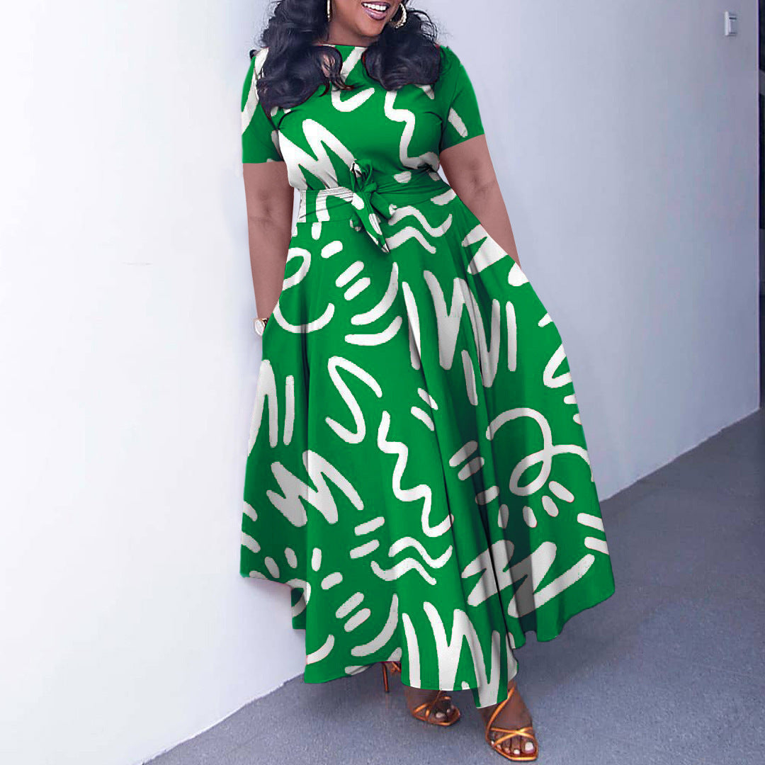 Women's Belt African Print Short-Sleeve A-line Dress 3