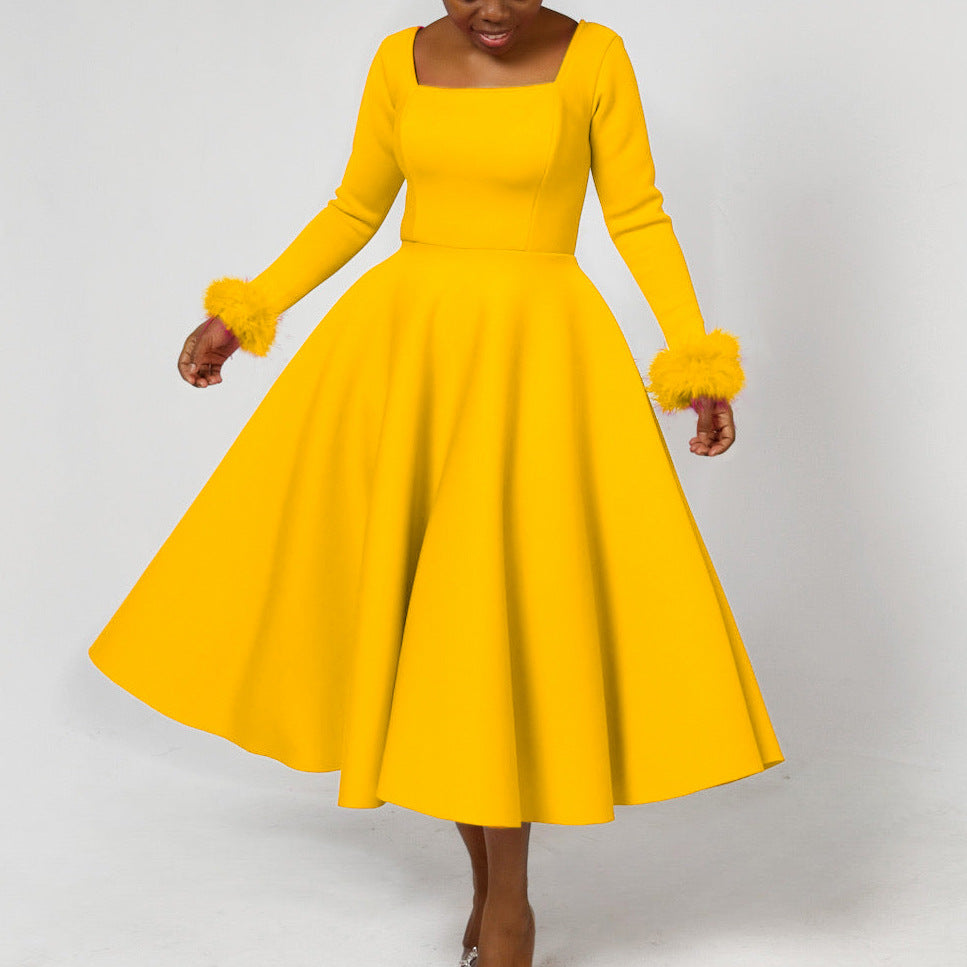 Winter Chic Elegant Fur Decorated Long Sleeve A-Line African Party Dress 4