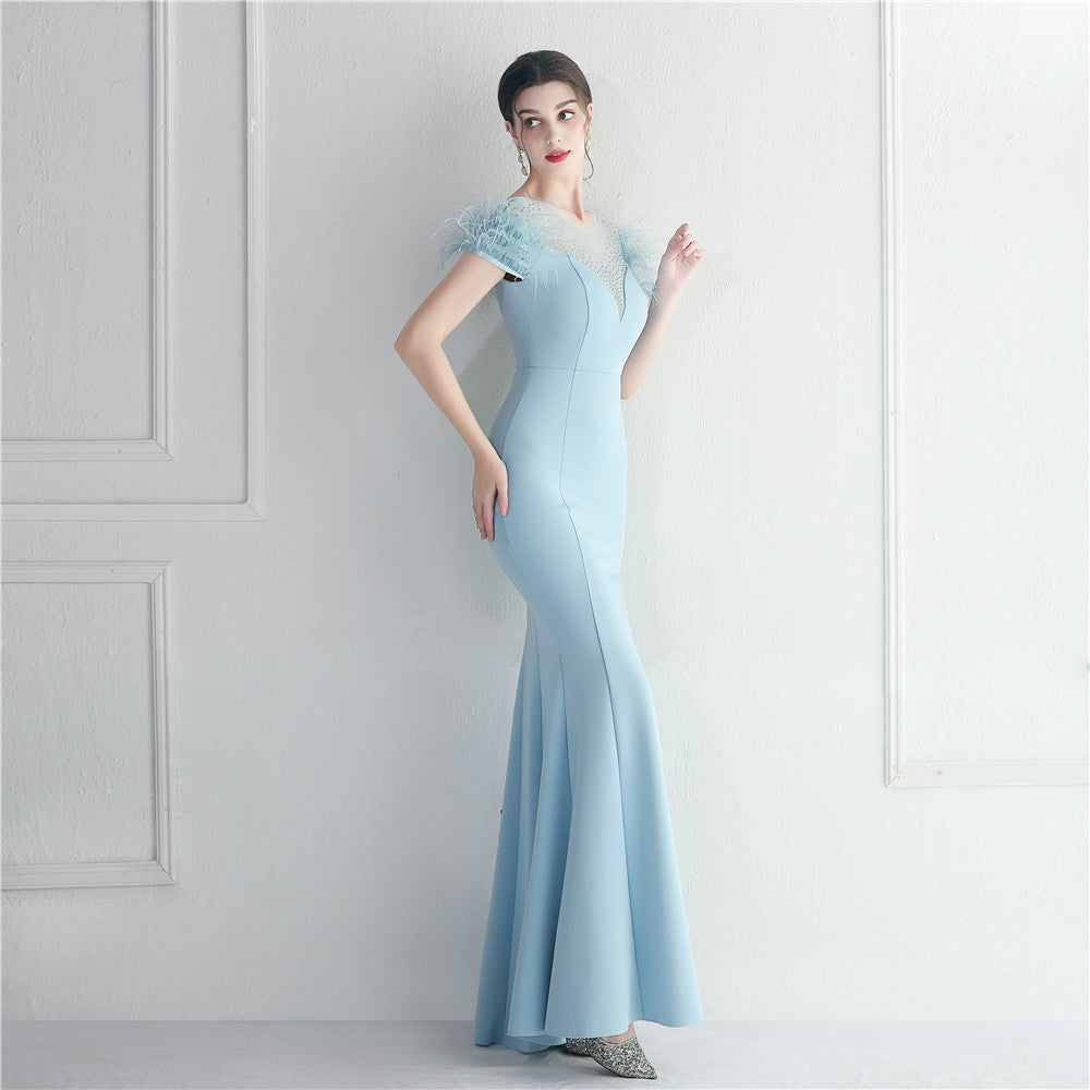 Mesh Beaded + Embellished Feather Star Red Carpet Long Evening Gown 36