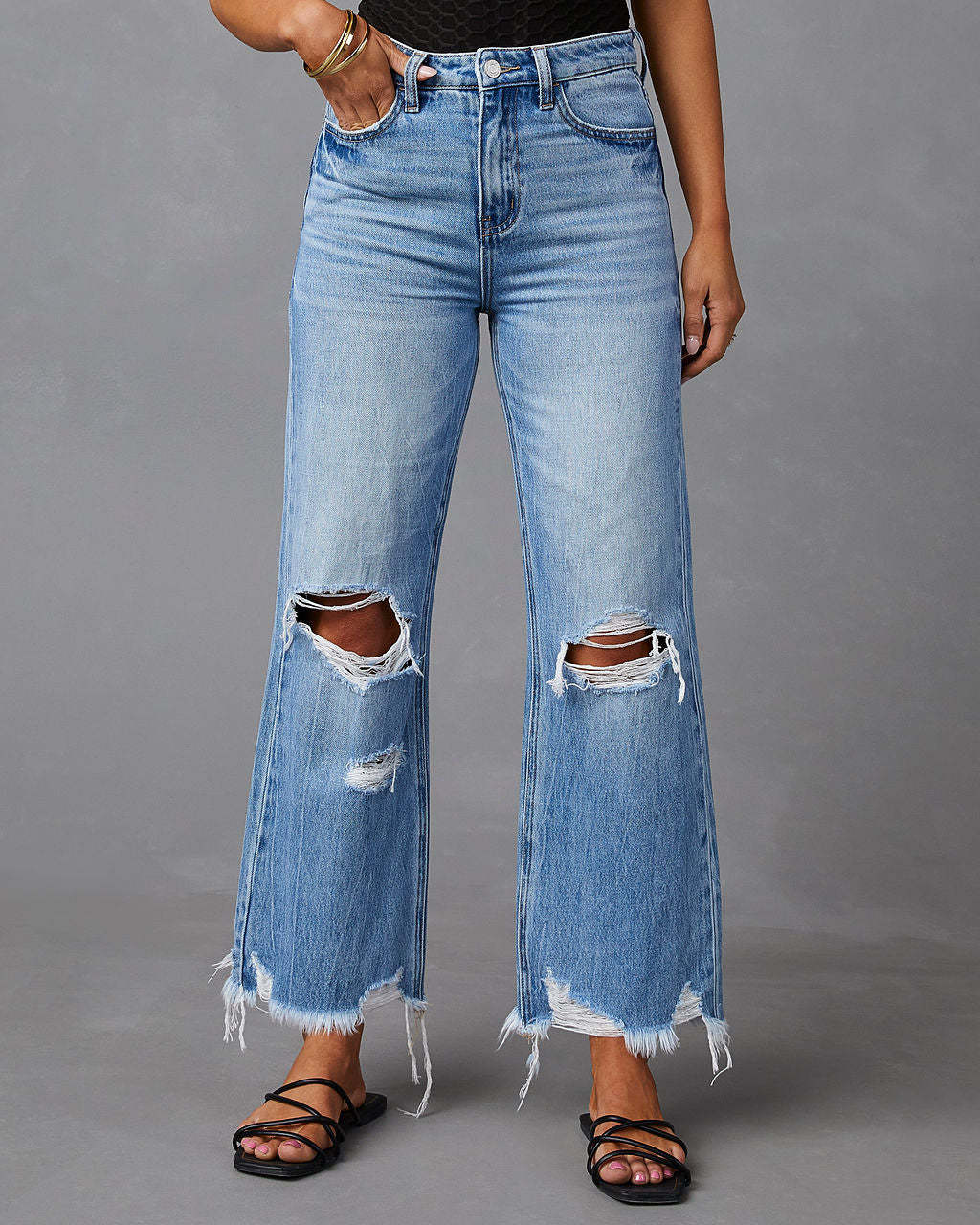 Tassel Washed Ripped Women's Denim Trousers Casual Mid-High Waist Wide Leg Pants 3