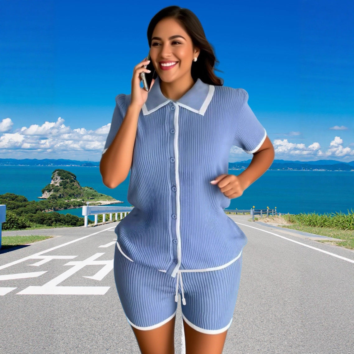 Turndown Collar Short-Sleeve Knit Top & High-Waist Shorts Set 4