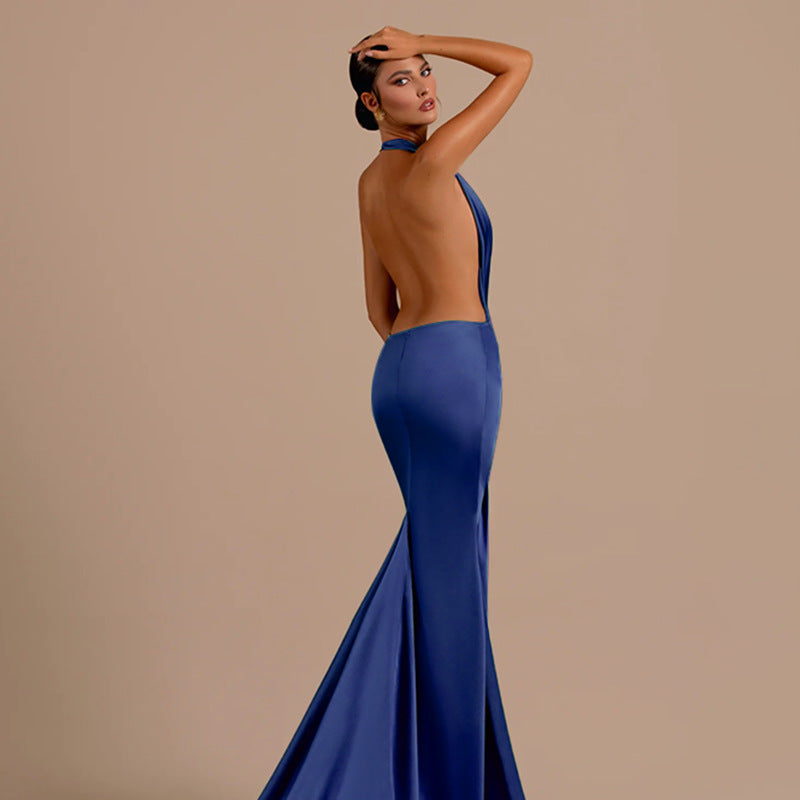 Sexy Deep V-Neck Halter Neck Low Back Satin Maxi Dress Chic Gown 5