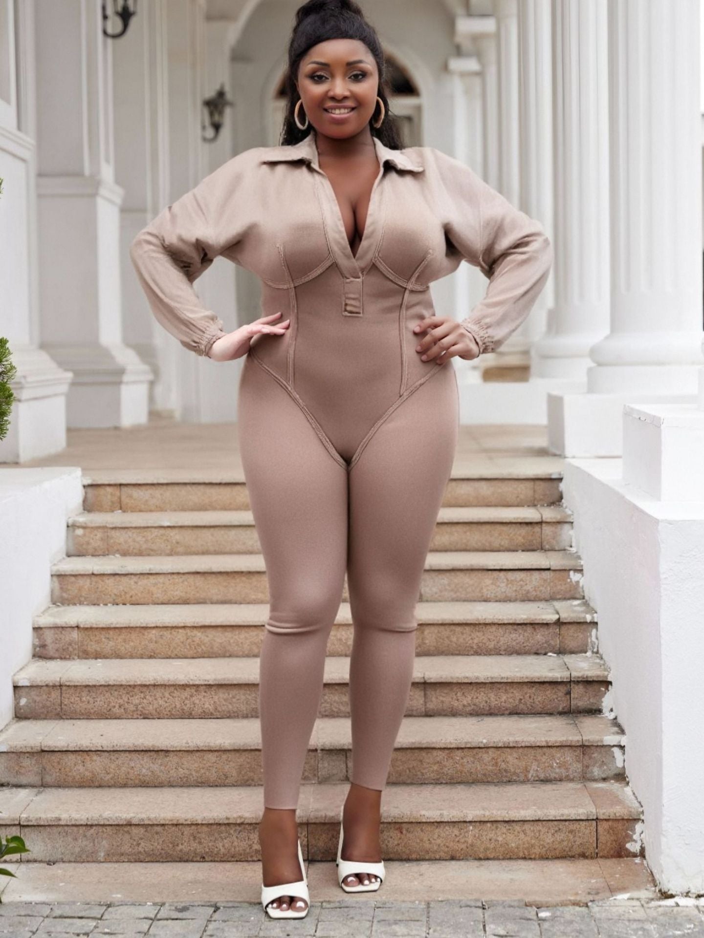 Plus Size Fashion Women Denim Washed Sexy Deep V Tight Fitting Long Sleeve Jumpsuit 5