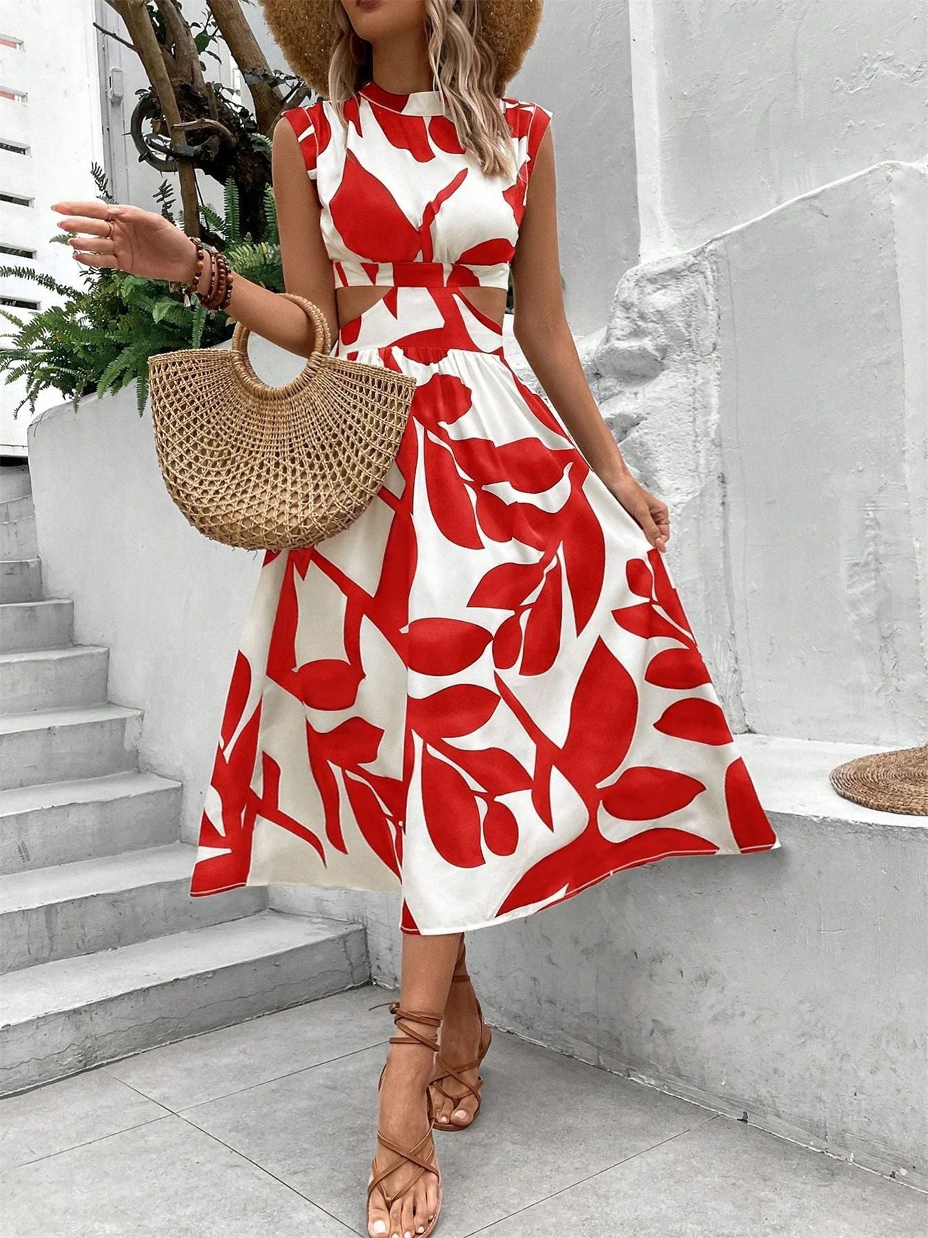 Women Round Neck Short Sleeve Floral Print Dress 10