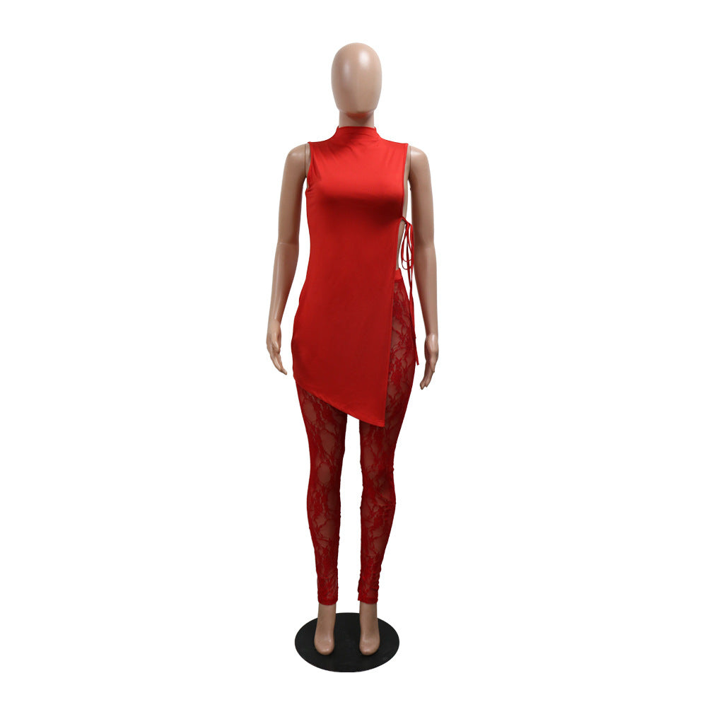 Women Sleeveless Round Neck Slit Top and See-Through Lace Pants Two-piece Set 4