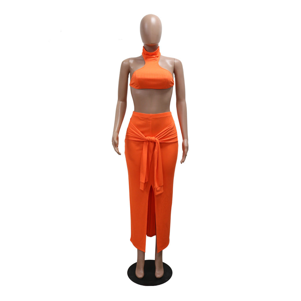 Fashion casual summer solid color sleeveless halter backless two piece skirt set 9