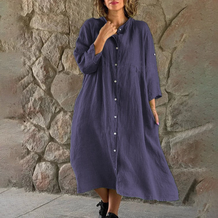 Women's Linen Solid Color Casual Stand Collar Button Long Dress 9