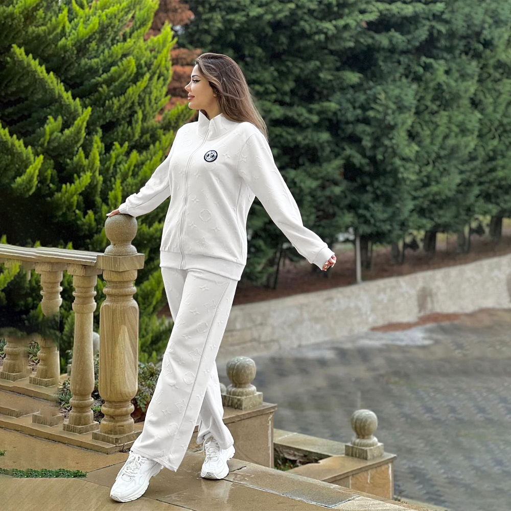 Women Embossed Embroidered Sport Ribbed Zipper Top and Pant Two Piece 3