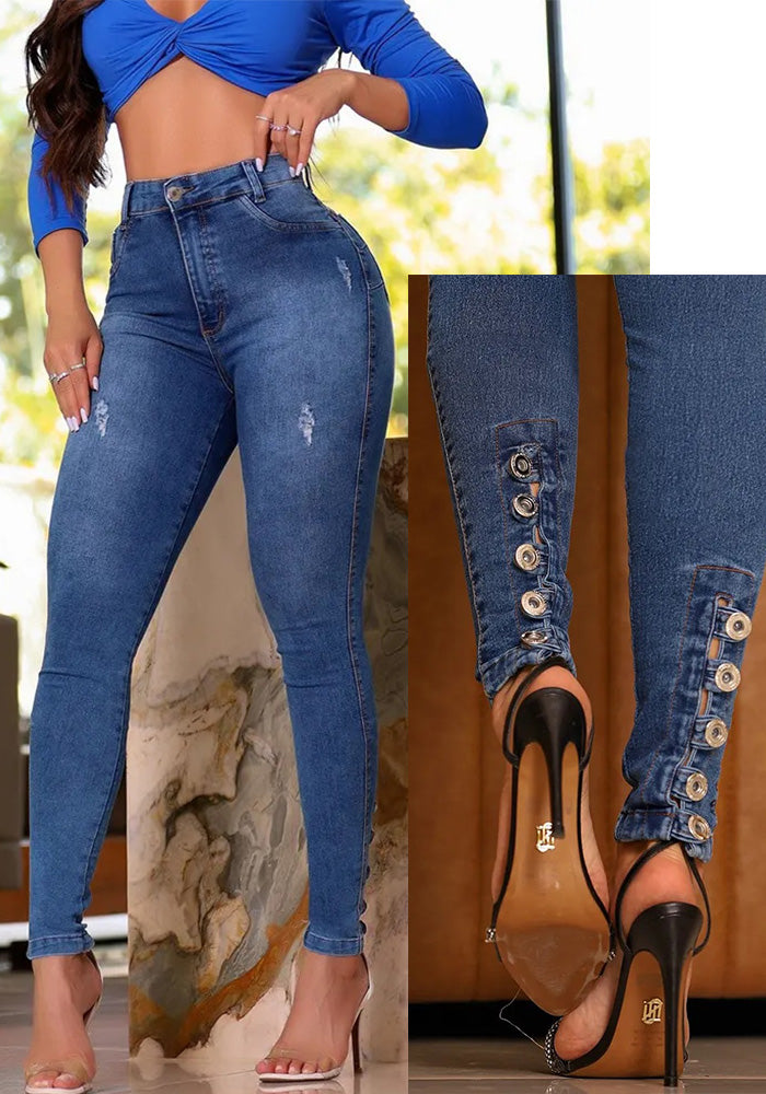 Spring High Waist Elastic Denim Pants For Women Tight Fitting Butt Lift Buttoned Tight Pants