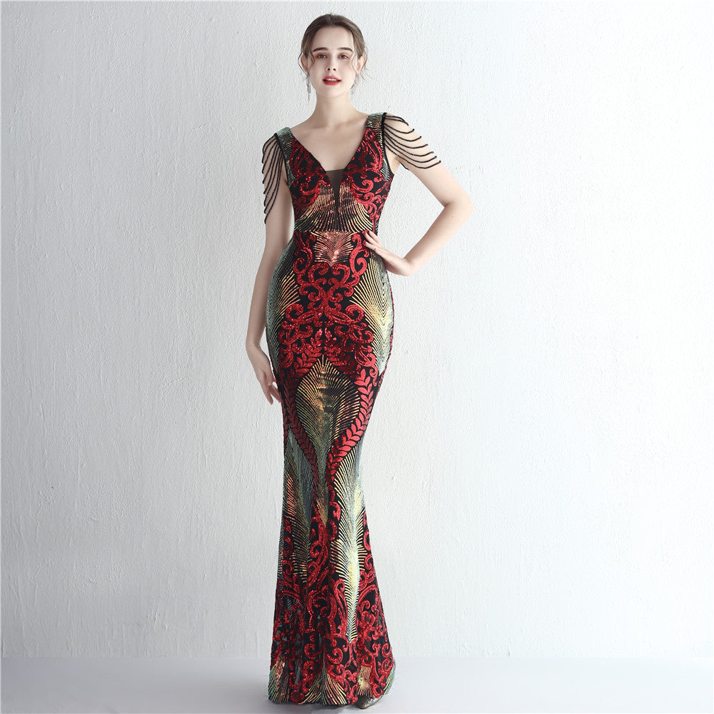 Elegant Positioning Flower Sequined Beaded Short-Sleeved Long Fishtail Evening Dress 12