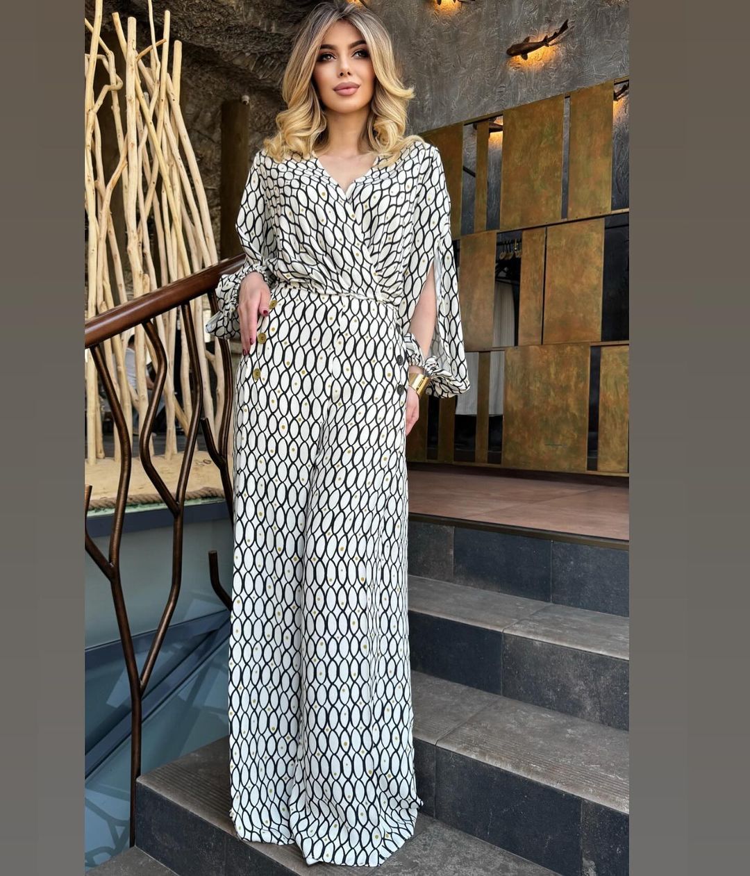 Women's Fashion Printed Loose Long Sleeve Top High Waisted Wide Leg Pants Two Piece Set