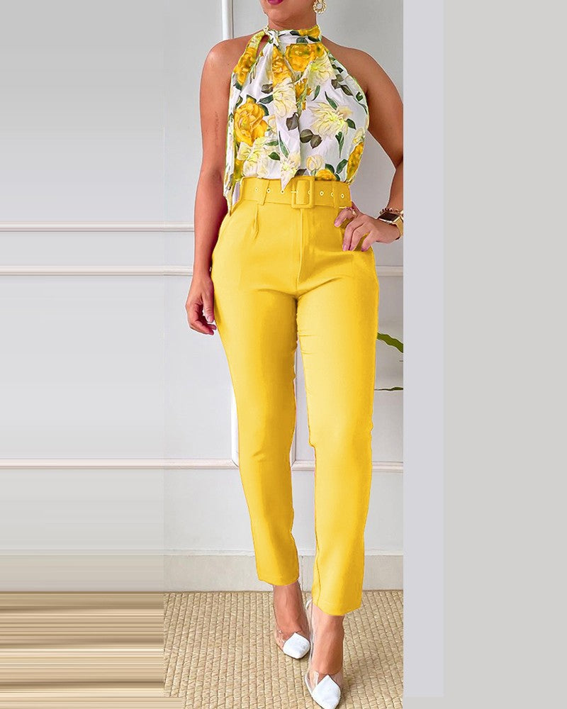 Spring Print Fashion Casual Elegant Sleeveless Two Piece Pants Suit 10
