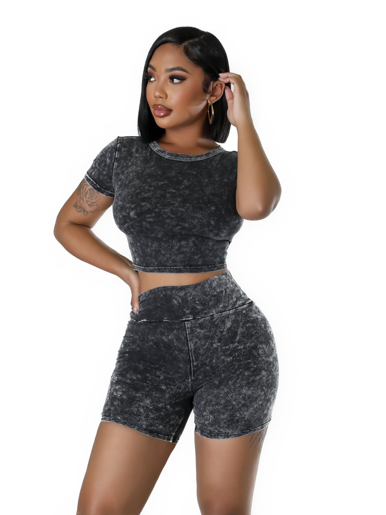 Fashionable Women's Clothing Solid Color Cotton Blending Short Sleeve High-Waisted Two-Piece Shorts Set 6