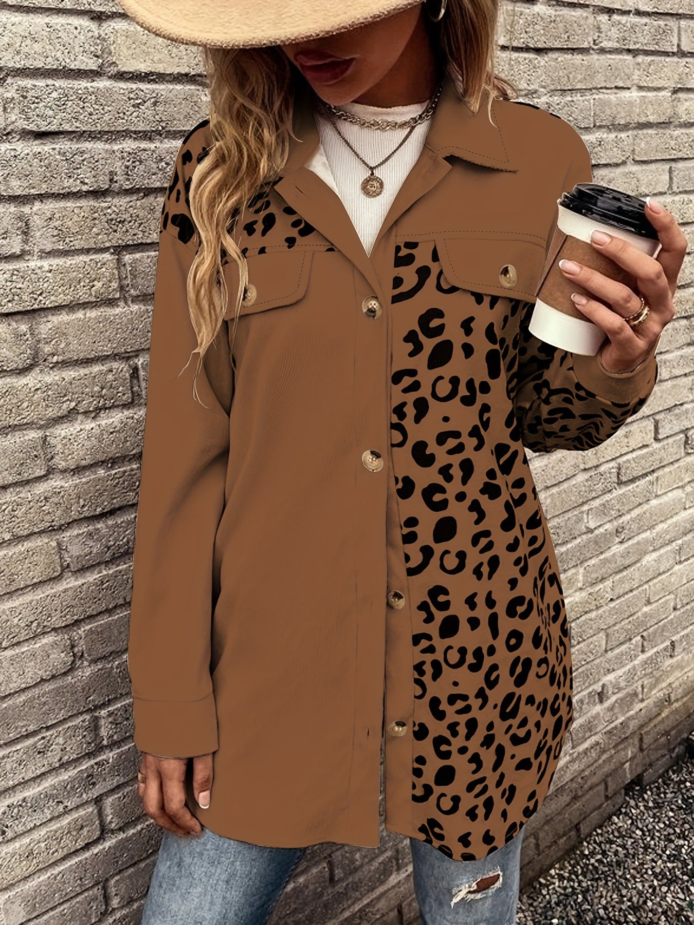 women autumn and winter leopard print single breasted long sleeve casual shirt coat 5