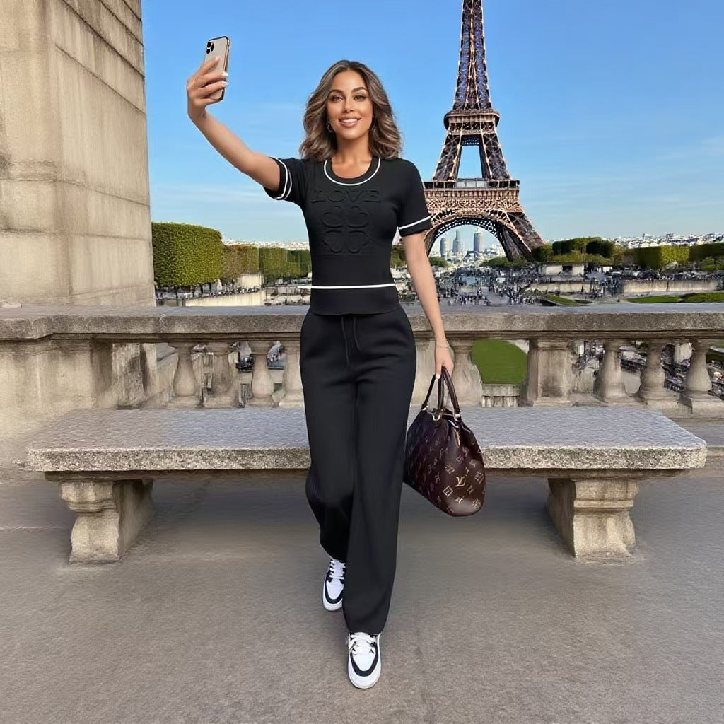 Spring/Summer Casual Knit Set Letter & Heart Print Short-Sleeve Top + High-Waist Pants 11