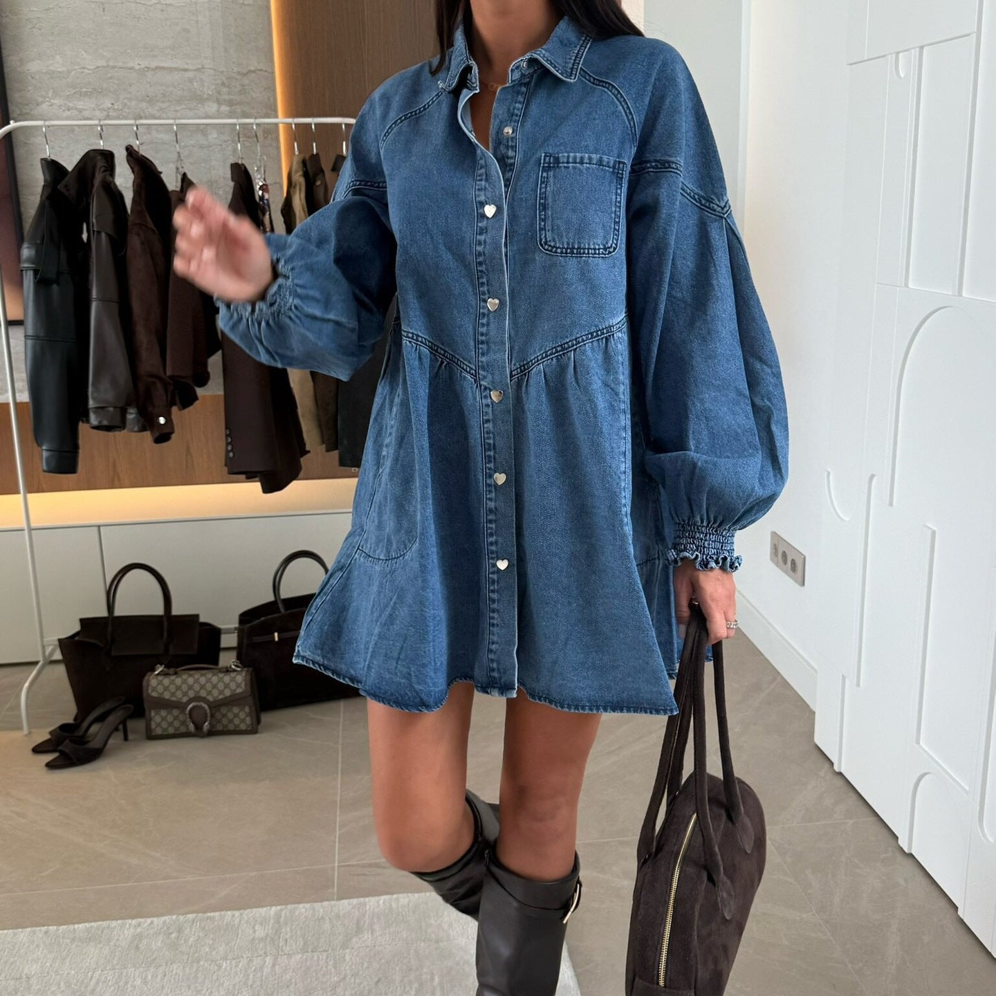 Women Casual Shirt Button-Down Long-Sleeved Denim Dress 7