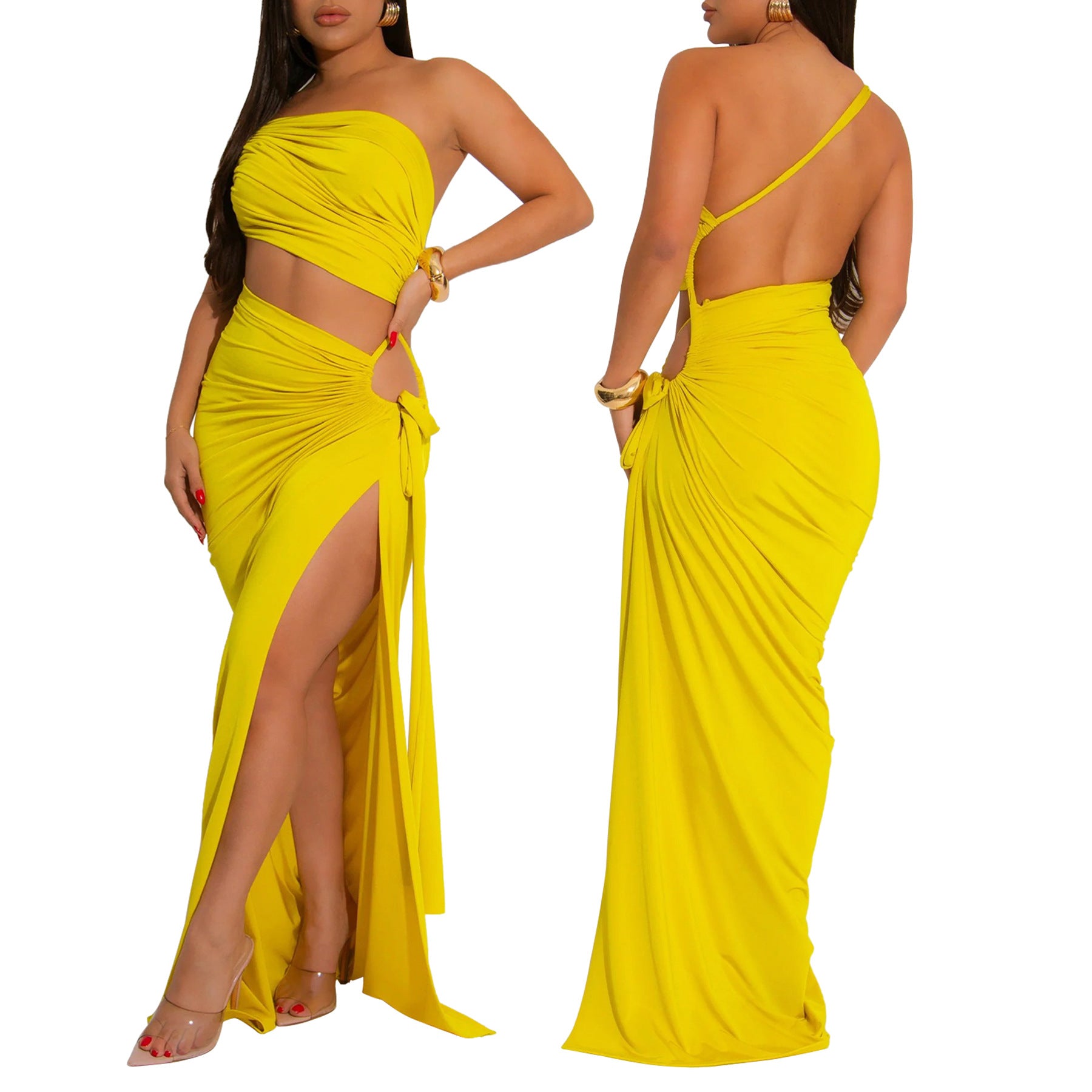 Fashionable women's solid color slash shoulder sexy slit dress 3