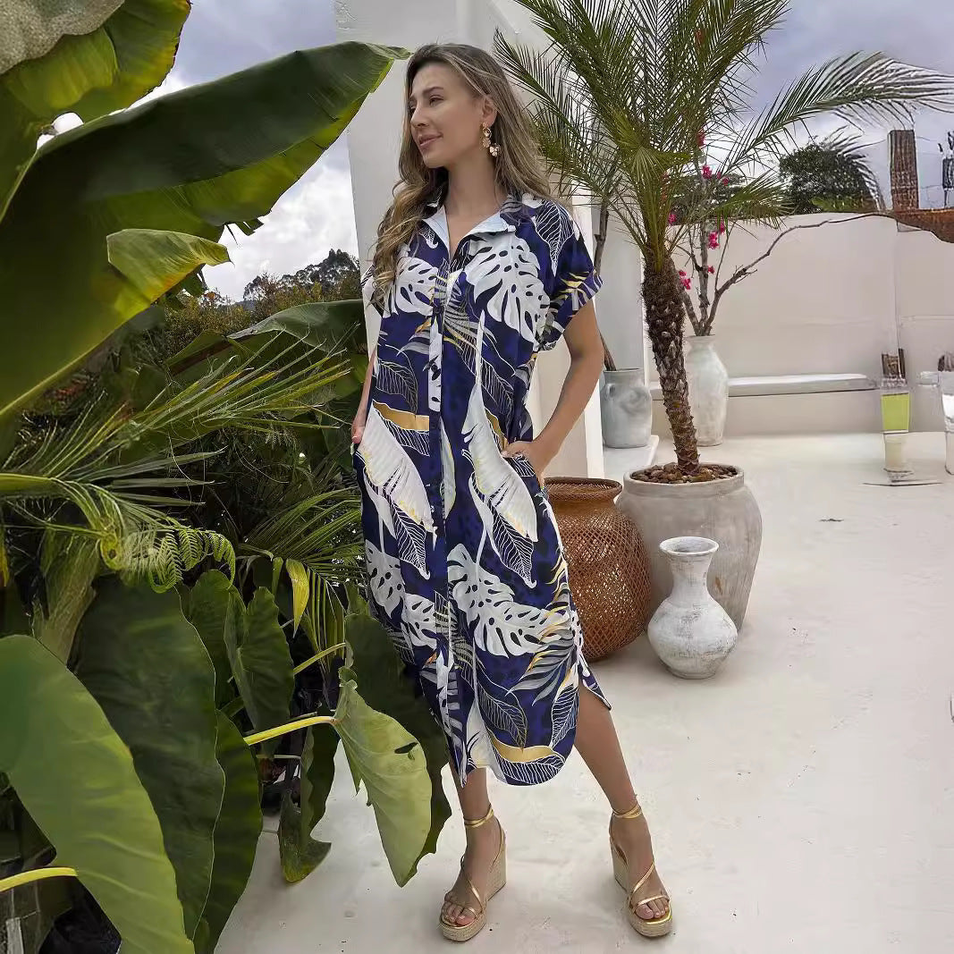 Women Printed Short Sleeve Beach Casual Shirt Long Dress 3