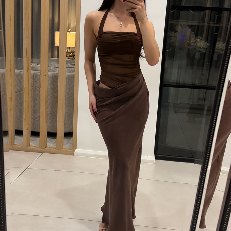 Spring Summer Sexy Low Back Lace-Up Halter Neck Solid Chic Maxi Dress