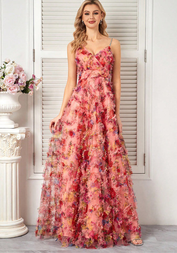 Women V-neck suspender floral elegant prom evening dress