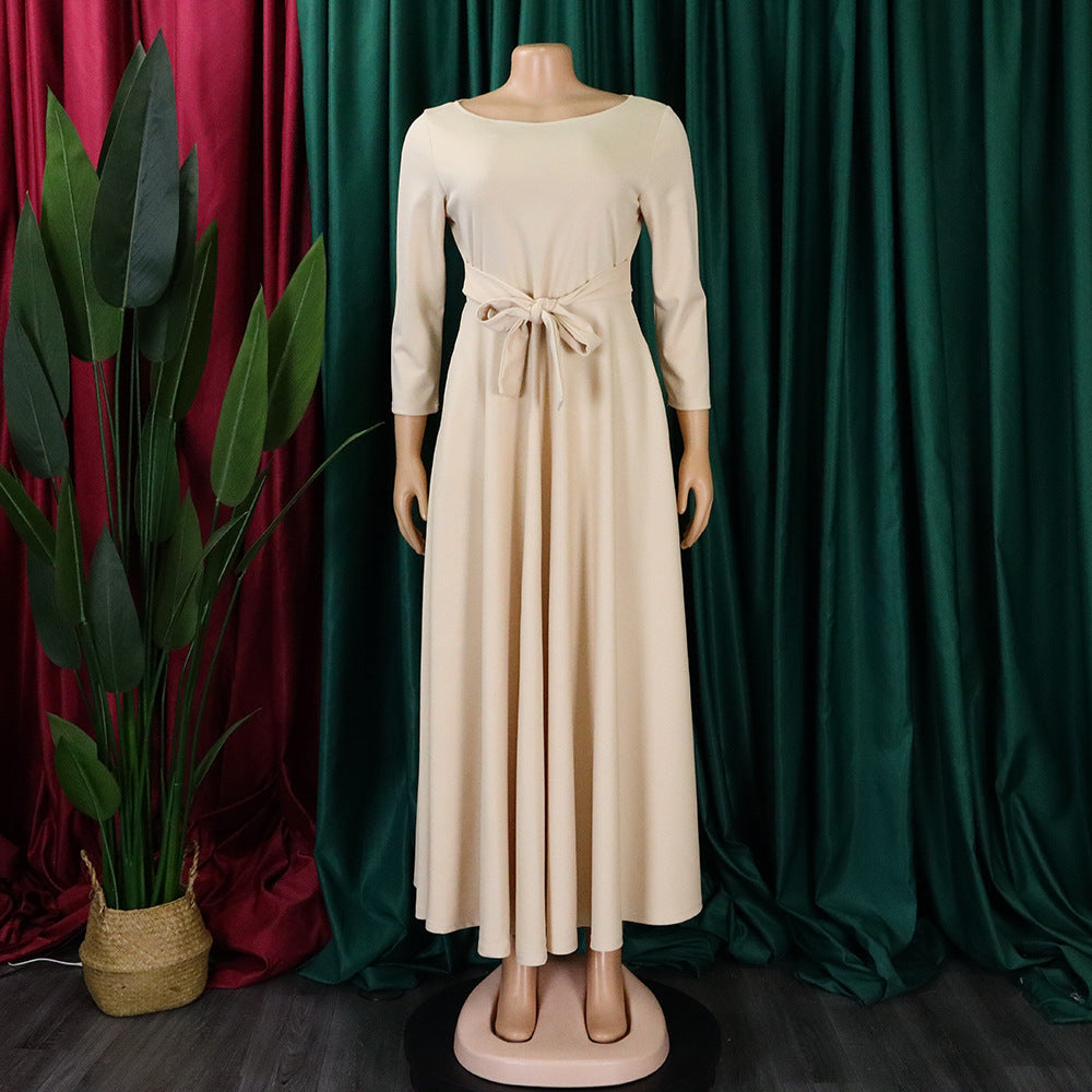 Women's Fall Winter Fashion Chic Solid long sleeve Belted African Plus Size Maxi Dress 21