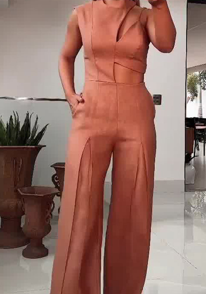 Summer Fashion Round Neck High Waist Solid Color Hollow Wide Leg Jumpsuit