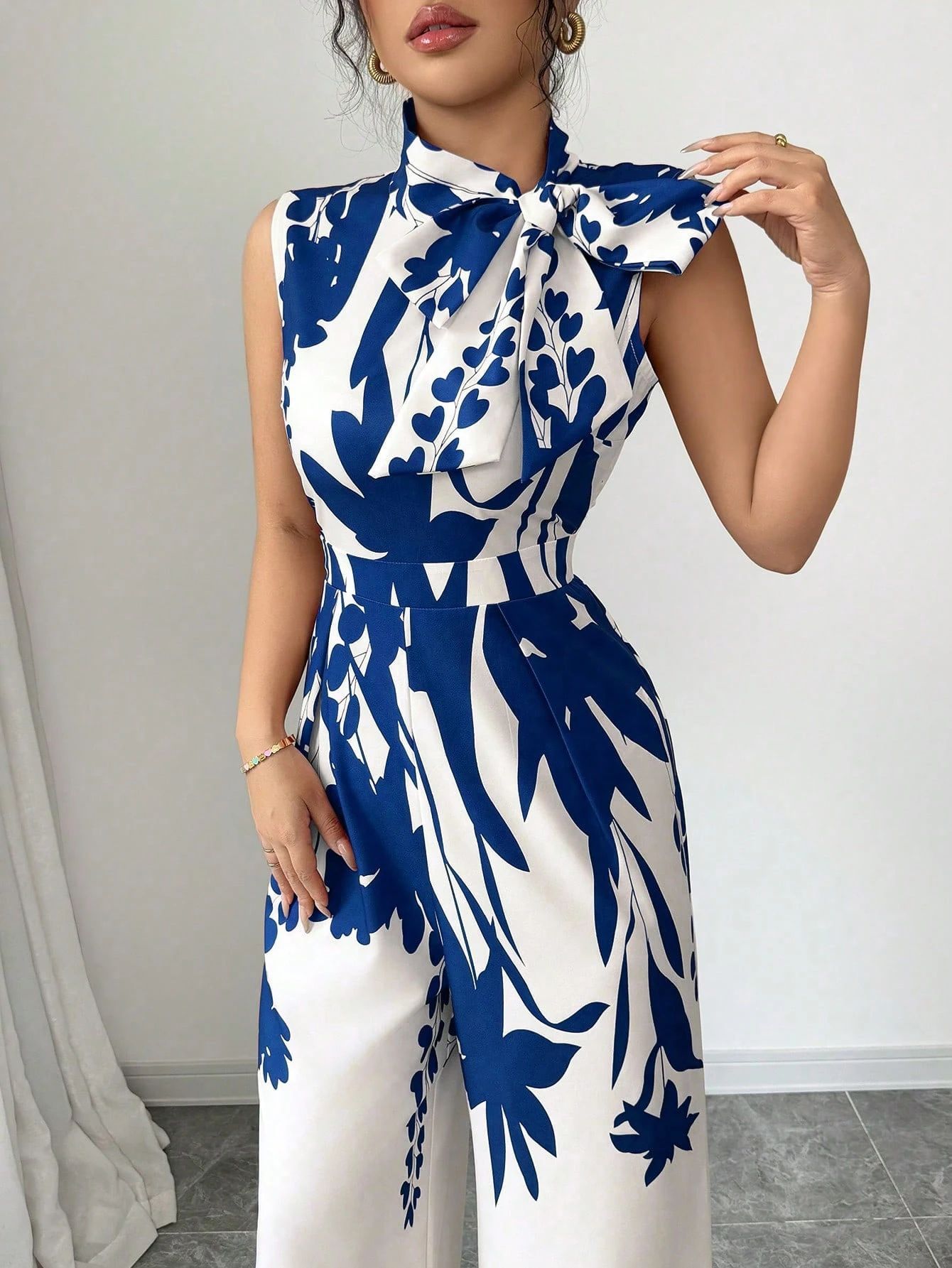 Women's Spring Summer Holidays Chic Print Sleeveless Tie Waist Wide Leg Jumpsuit 5
