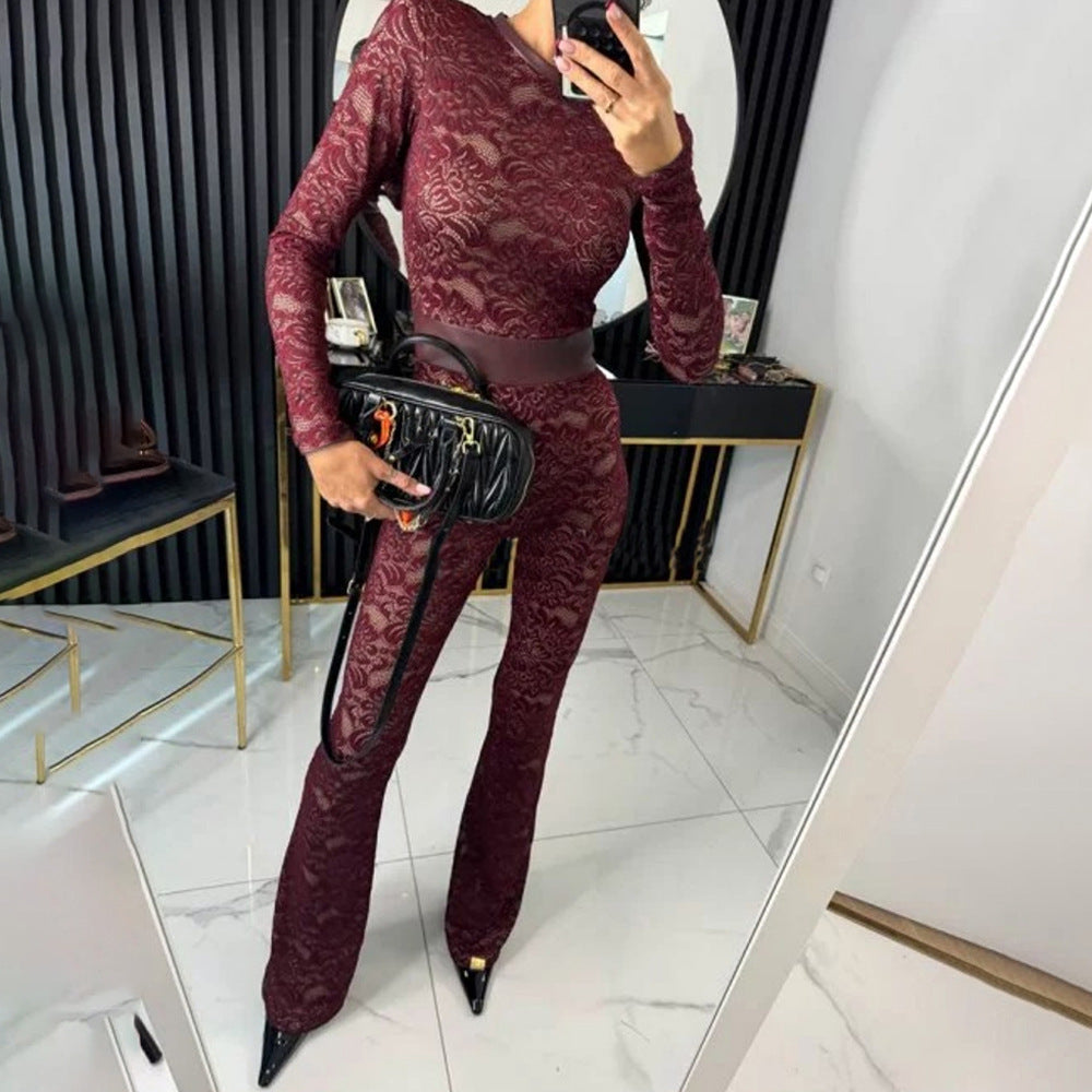 Women Round Neck Lace Patchwork Sexy Jumpsuit 8